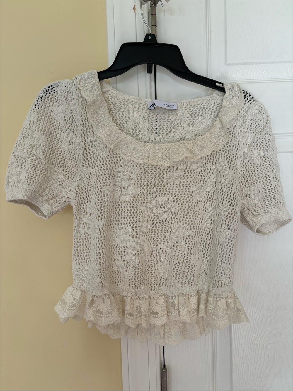 Zara Ivory Lace-Trim Crochet Short Sleeve Top
